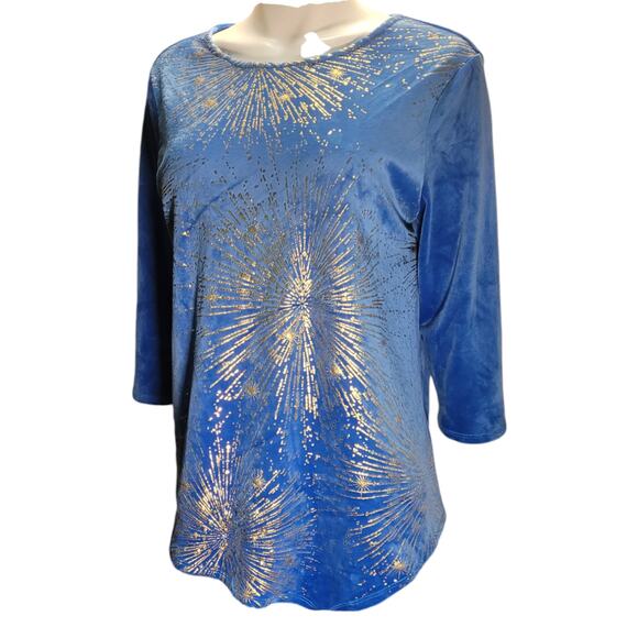 Ruby Road Blue Velour Metallic Gold Top Women's Petite Large Velvet Unique - Picture 1 of 8